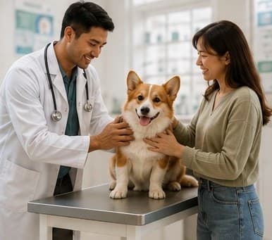 Dokter hewan memeriksa pet ditemani pet parentnya