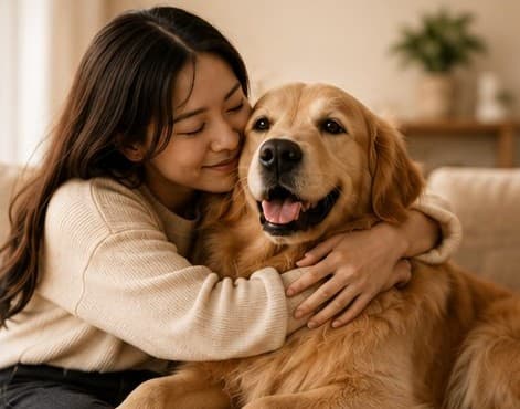 Pet parent memeluk anjingnya dengan hangat di ruang keluarga