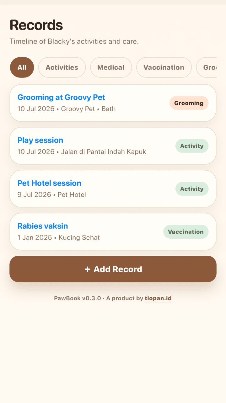 Tampilan Care Records di aplikasi Pawbook