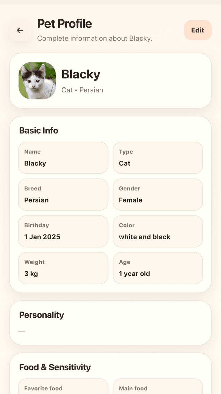 Tampilan Pet Profile di aplikasi Pawbook