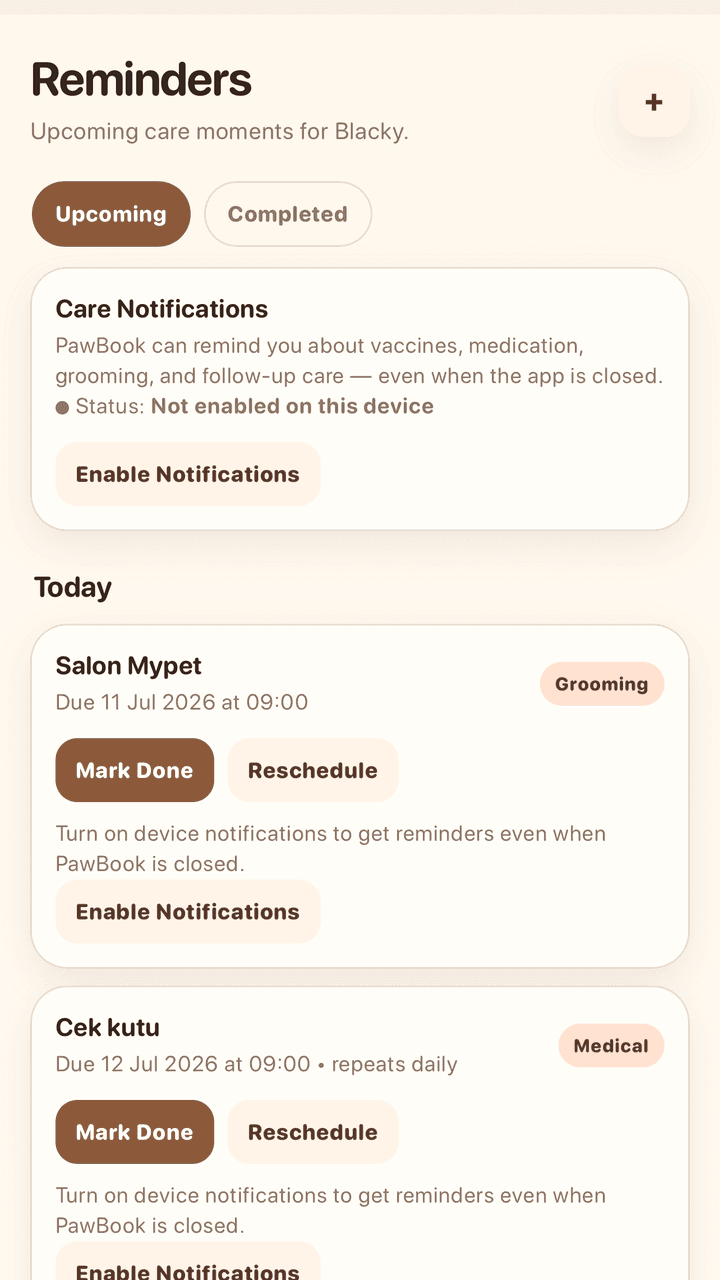 Tampilan Reminders di aplikasi Pawbook